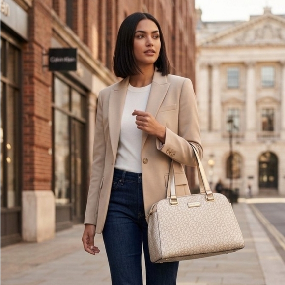 Calvin Klein Handbags - Calvin Klein Large Almond Monogram Satchel - Like New | Metallic Gold & Cream